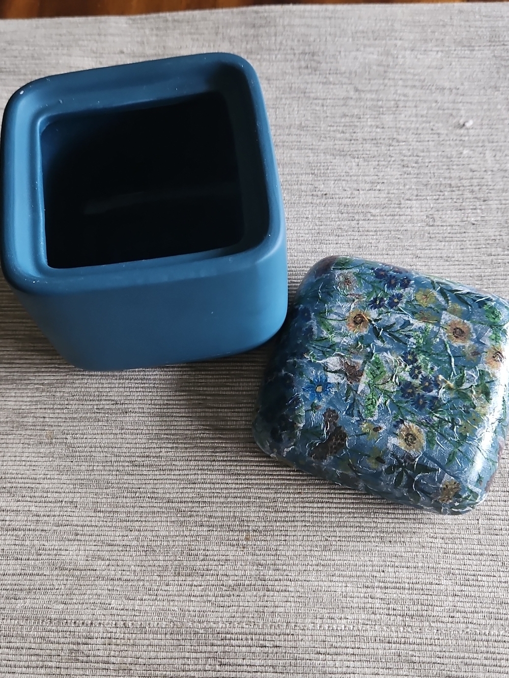Blue Ceramic Square Trinket Box with Floral Decopaged Lid